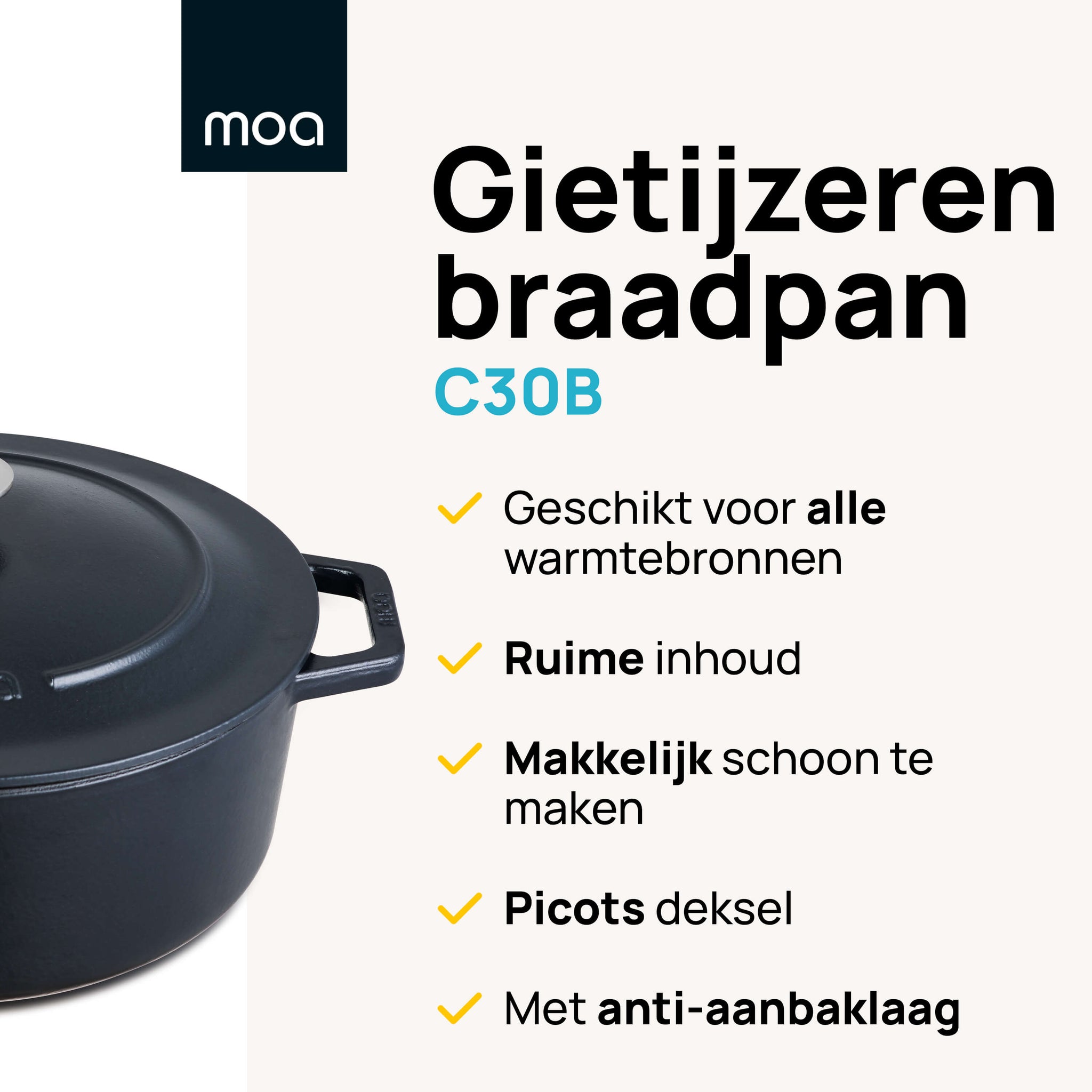 MOA Gietijzeren Braadpan - 30 cm - Zwart - C30B