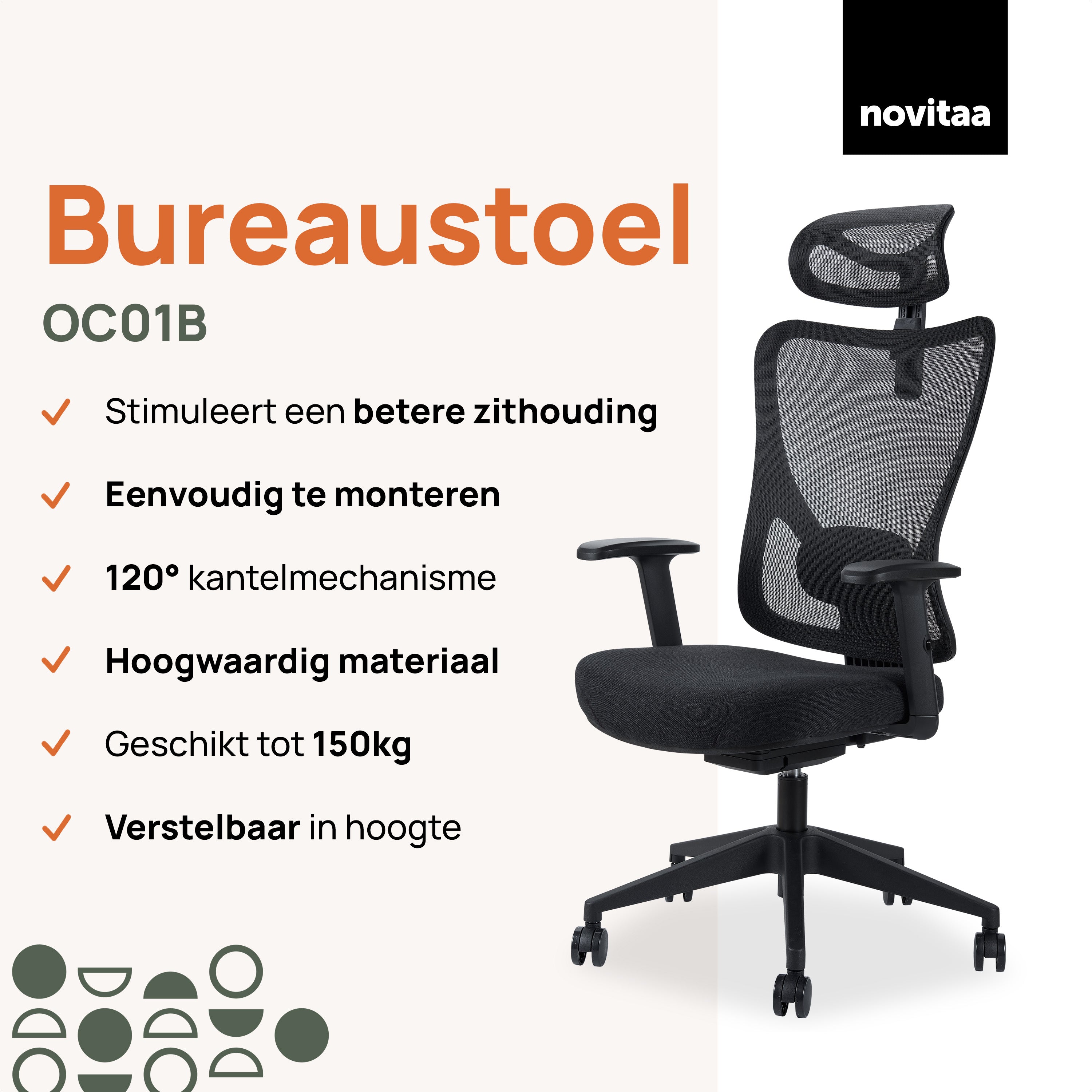 Novitaa bureaustoel -  Zwart - OC01B